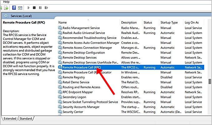 Состояние службы RPC и тип запуска в Windows 11
