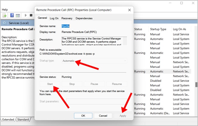 изменение статуса RPC и условия типа запуска в Windows 11
