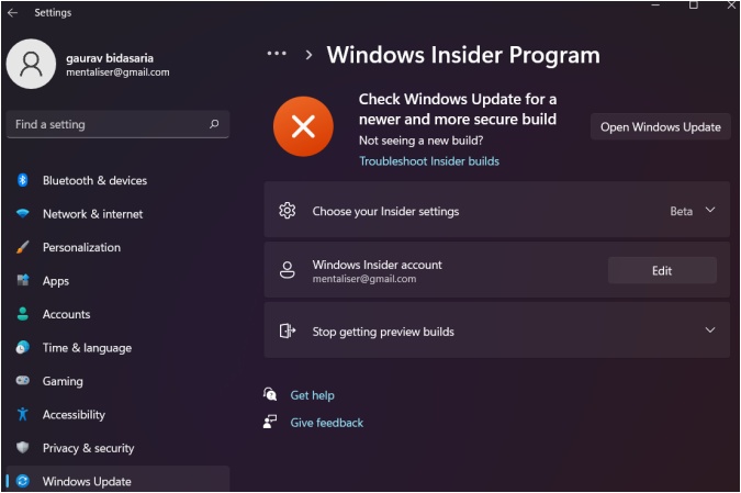 проверьте наличие сборок Insider Preview в настройках Windows 11