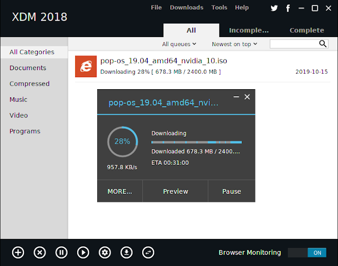 Статус загрузки в диспетчере загрузок xtreme Ubuntu