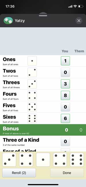 игра Yatzy для imessage на iPhone