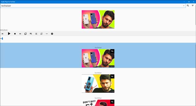 аудиоплеер для интерфейса приложения YouTube в Windows 10