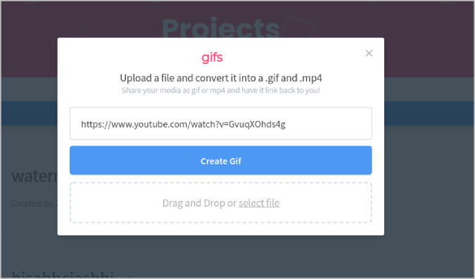 Ввод видео YouTube на GIFs.com