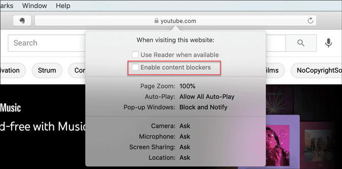 отключить блокировку контента Safari для YouTube