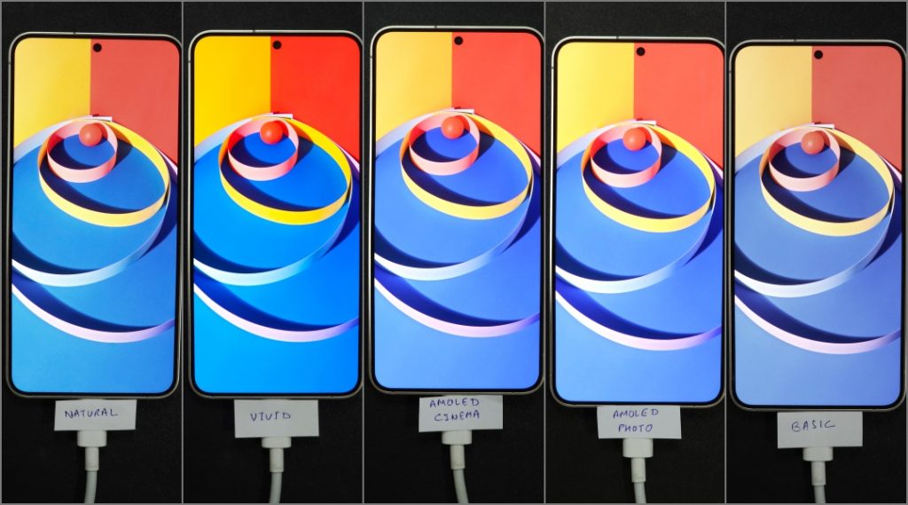 Режимы экрана «Естественный», «Яркий», «Кино AMOLED», «Фото AMOLED» и «Базовый» по сравнению с телефоном Samsung Galaxy S24.