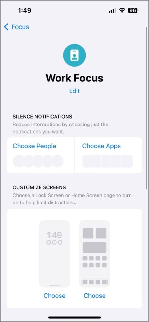 Режим фокусировки в настройках iOS 17 на iPhone