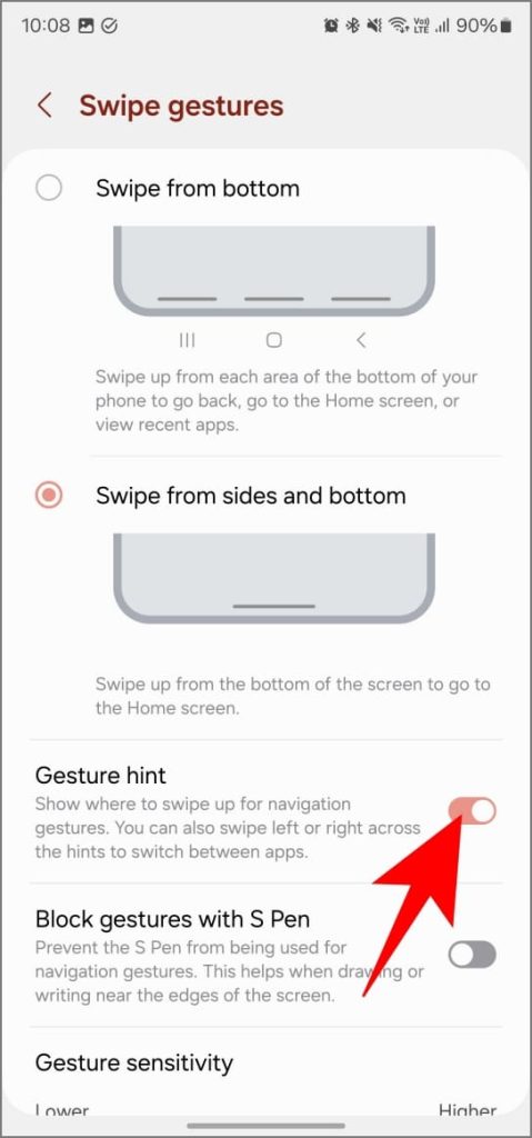 Скрыть опцию подсказки жестов в One UI 6.1 на телефоне Samsung Galaxy