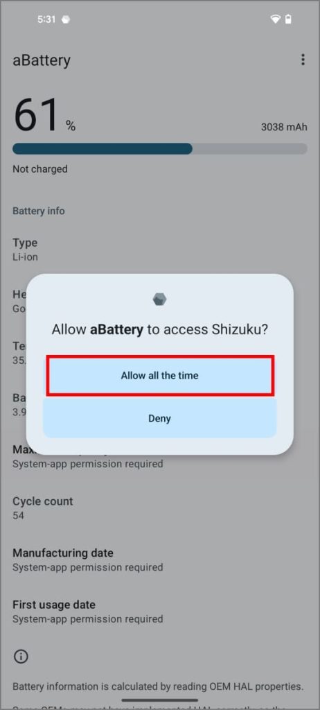 Состояние аккумулятора в приложении aBattery на Android 14