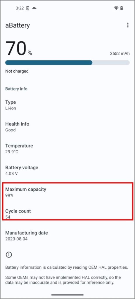 Состояние аккумулятора в приложении aBattery на Android 14