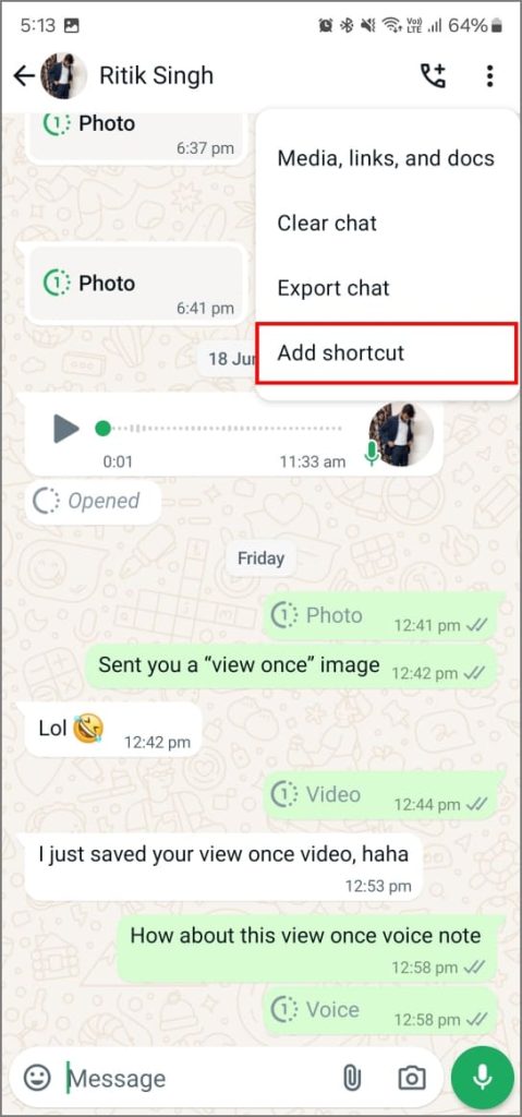 Добавьте ярлык чата WhatsApp на главный экран на Android