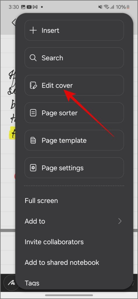 Параметр «Редактировать обложку» в приложении Samsung Notes.
