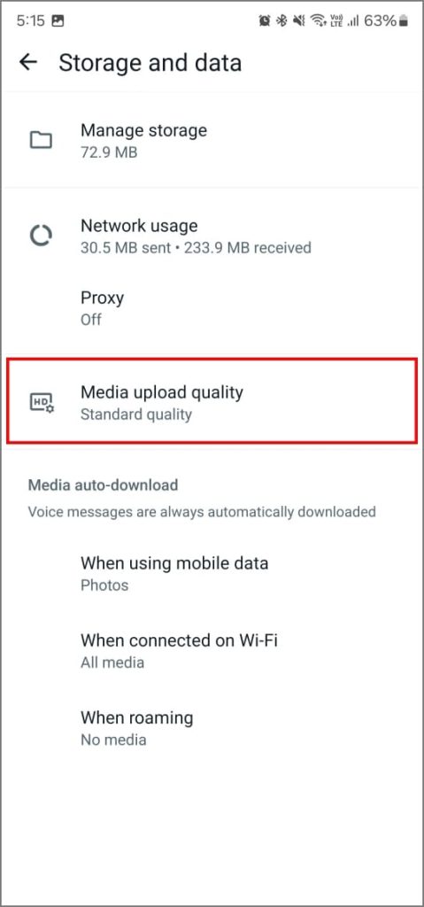 Настройки качества загрузки мультимедиа в приложении WhatsApp на Android