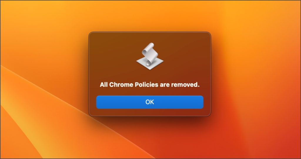 Сообщение «Все политики Chrome удалены» после использования средства удаления политик Chrome