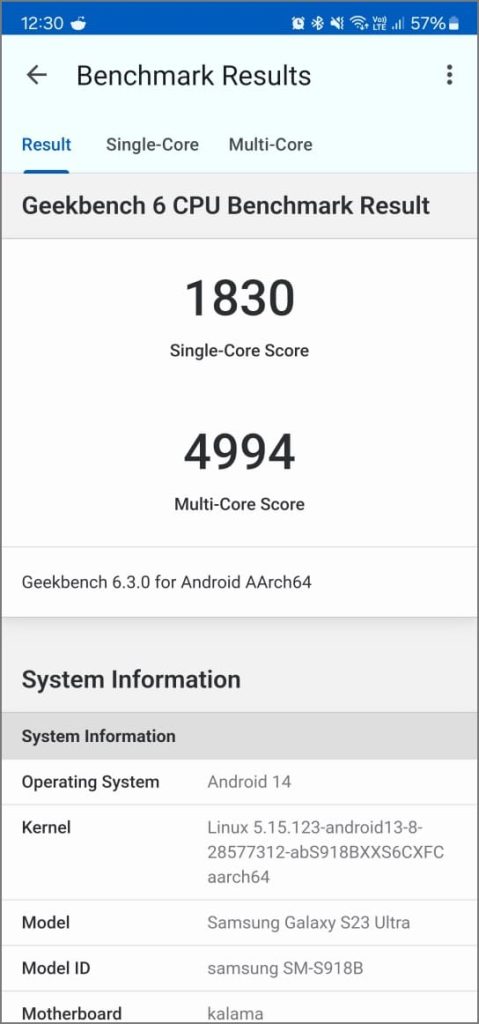 Результаты Geekbench 6 на Galaxy S23 Ultra в профиле производительности Light