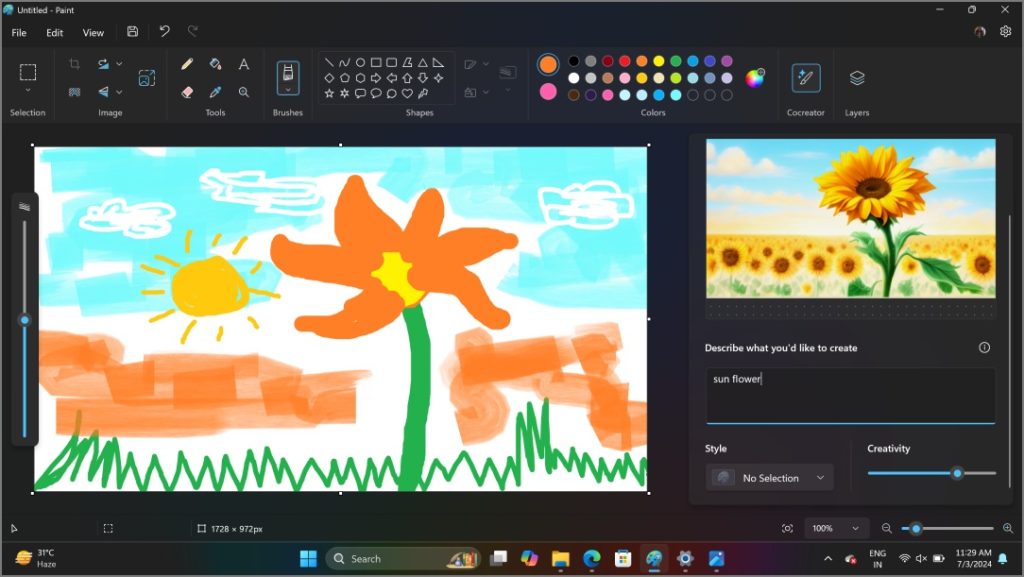 Создать изображение с помощью инструмента Paint’s Cocreator в Windows (2)