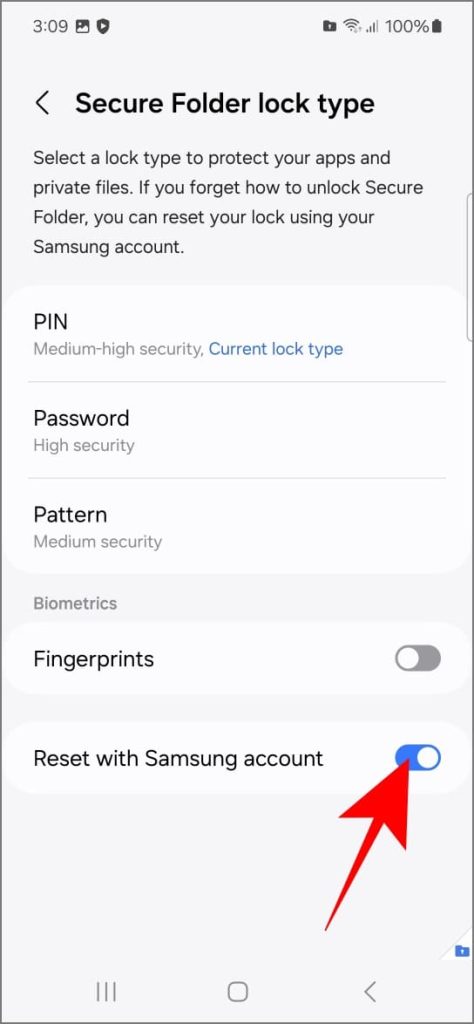 Отключение сброса с помощью учетной записи Samsung в защищенной папке на телефоне Samsung Galaxy