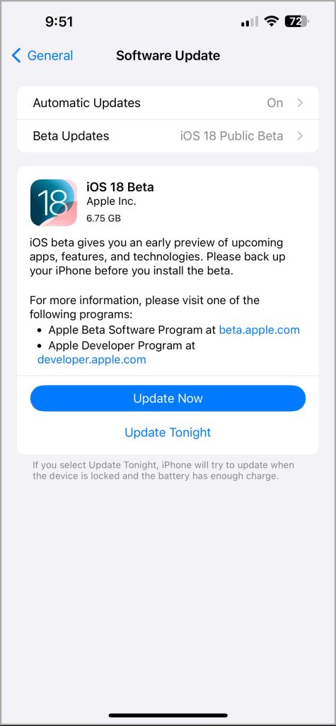 Нажмите «Обновить сейчас», когда появится приглашение к общедоступной бета-версии iOS 18.