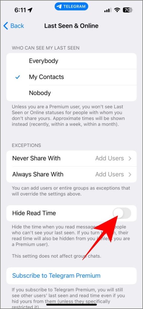 Отключение уведомлений о прочтении в Telegram на iPhone