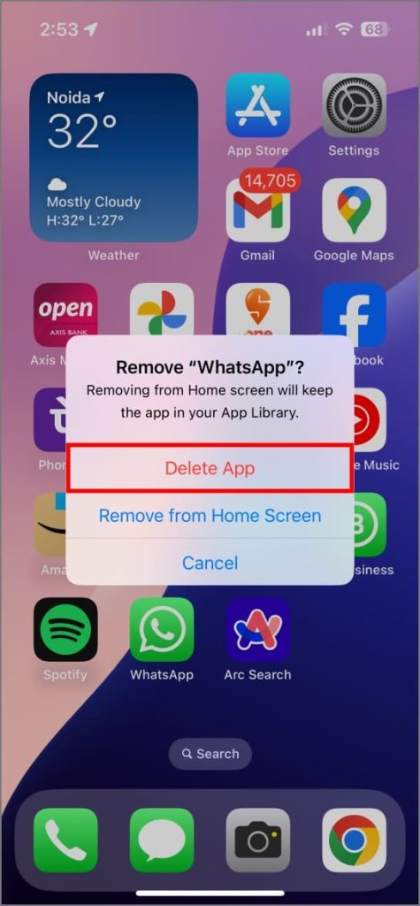 Удалить приложение WhatsApp на iPhone