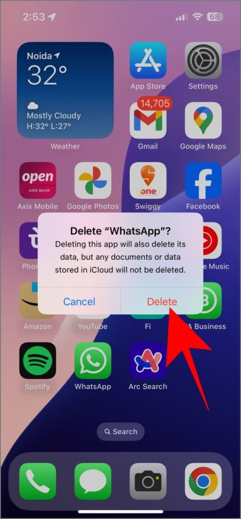 Удалить приложение WhatsApp на iPhone