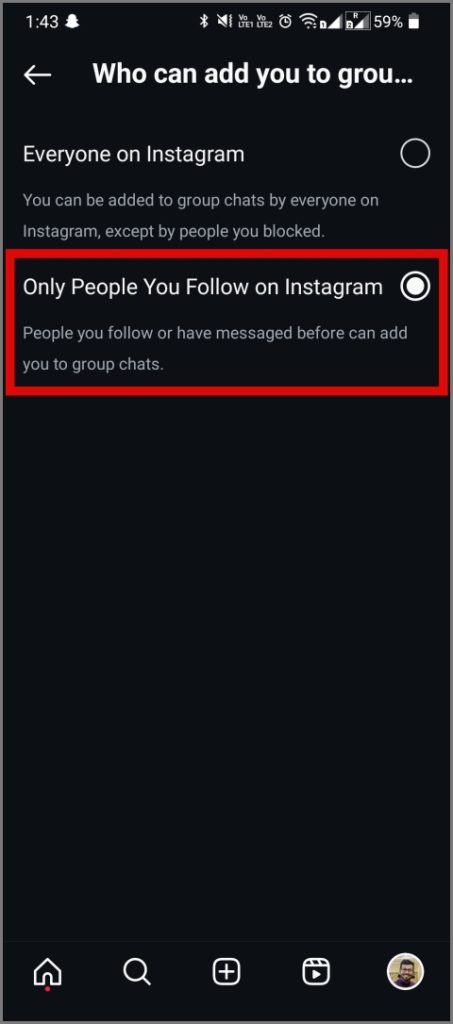 выберите опцию «Только люди, на которых вы подписаны в Instagram»