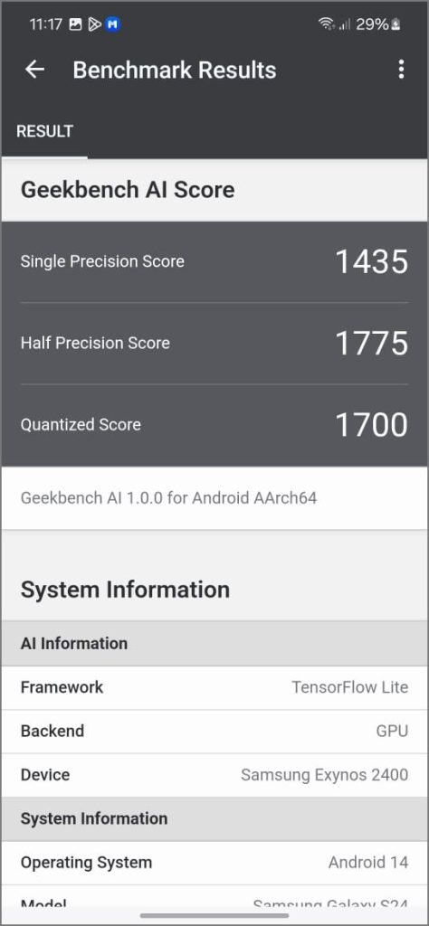 Результаты Geekbench AI для Exynos 2400 на Galaxy S24