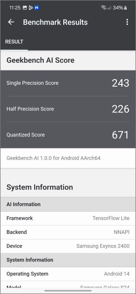 Результаты Geekbench AI для Exynos 2400 на Galaxy S24