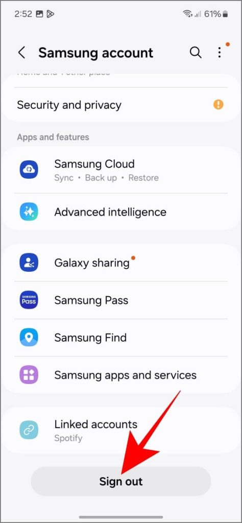 Возможность выхода из настроек учетной записи Samsung на телефоне Samsung Galaxy.