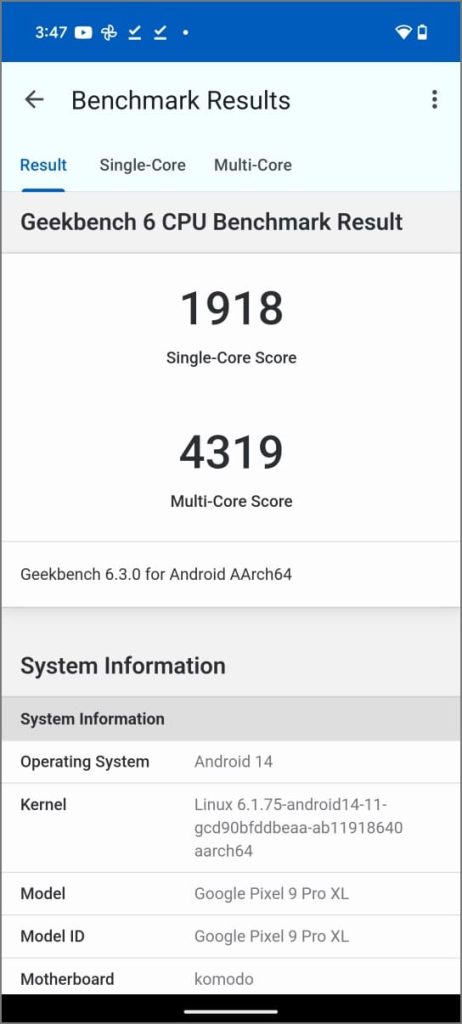 Результаты Google Pixel 9 Pro XL Tensor G4 в Geekbench