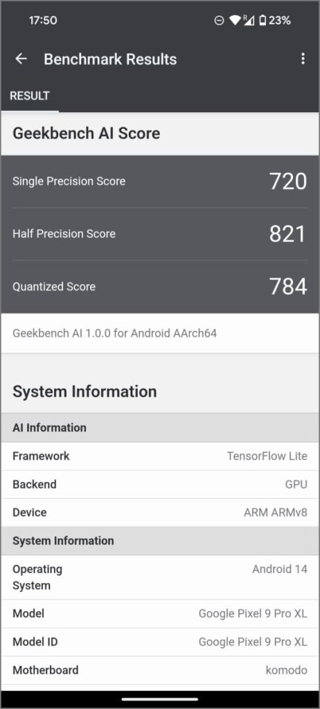 Результаты Geekbench AI для Tensor G4 на Pixel 9 Pro XL