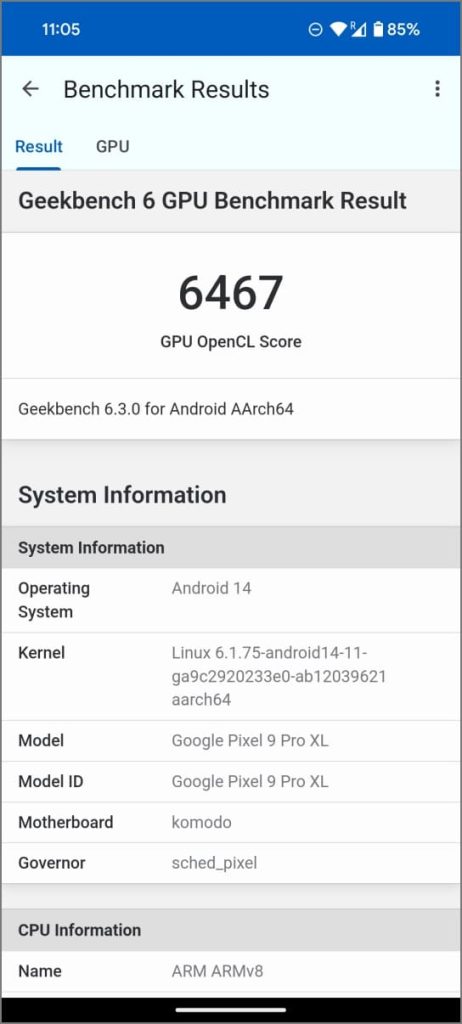 Результаты графического процессора Pixel 9 Pro XL Tensor G4 в Geekbench