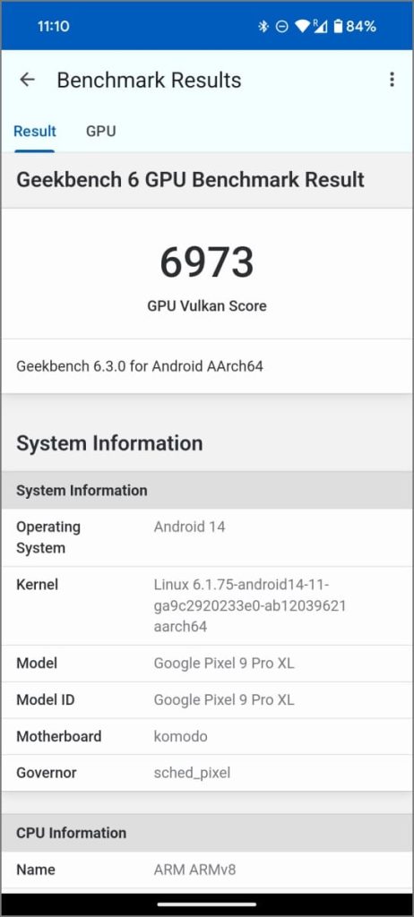 Результаты графического процессора Pixel 9 Pro XL Tensor G4 в Geekbench