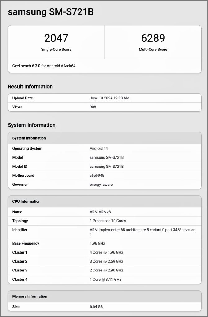 Оценка Samsung Galaxy S24 FE в Geekbench