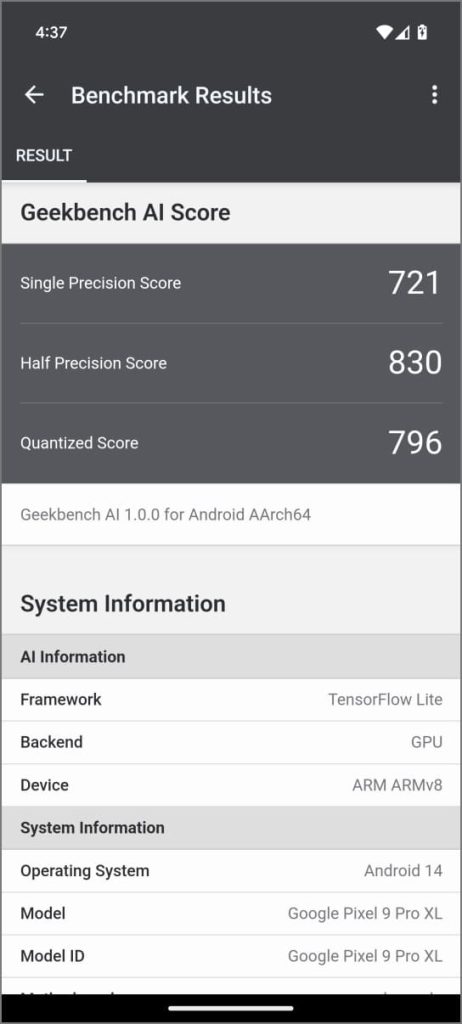 Google Pixel 9 Pro XL Тест Geekbench ML AI