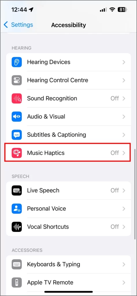 Включение Music Haptics в настройках iOS 18