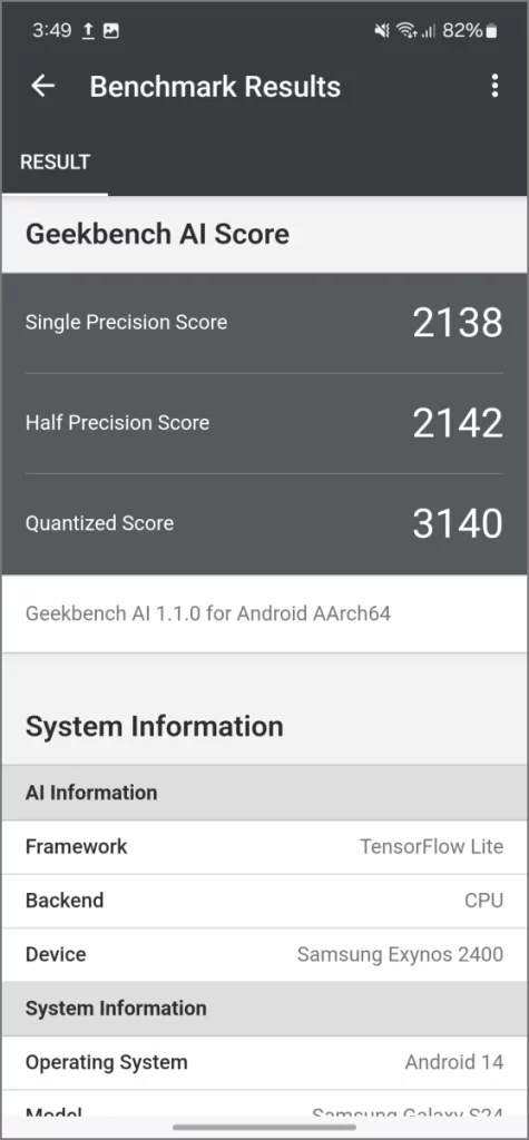 Exynos 2400 Geekbench AI (ЦП)