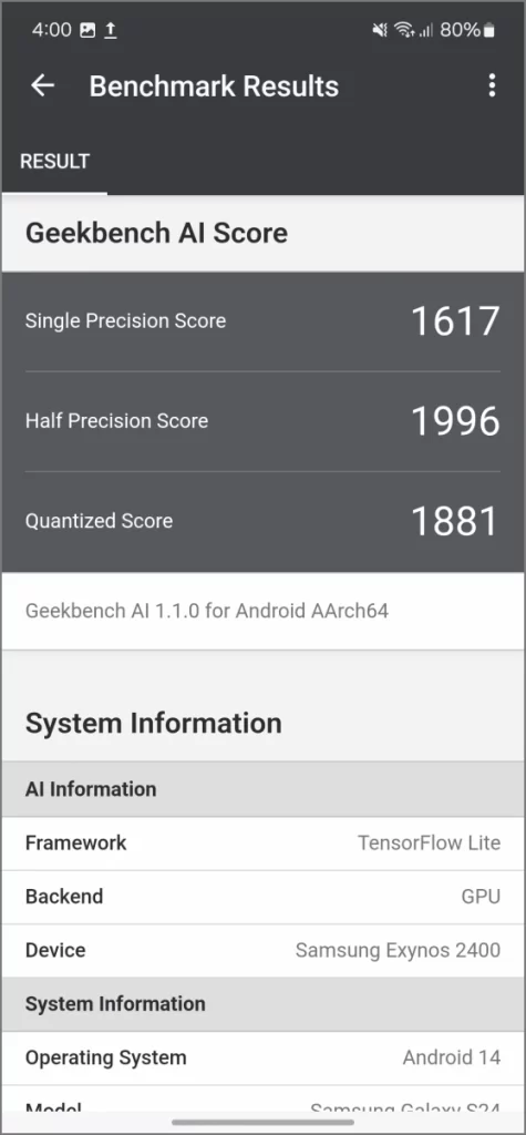 Exynos 2400 Geekbench AI (графический процессор)