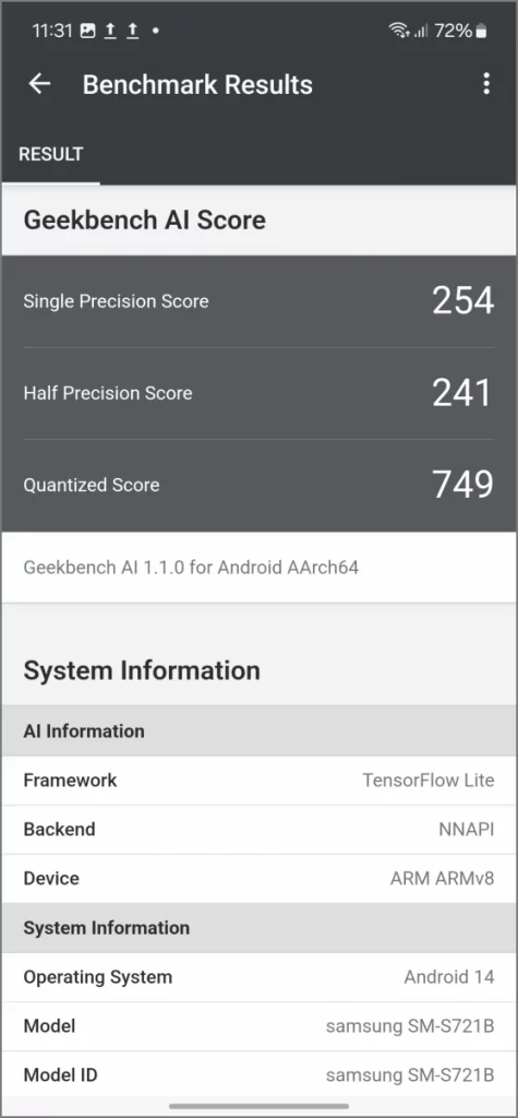 Exynos 2400e Geekbench AI (NNAPI)