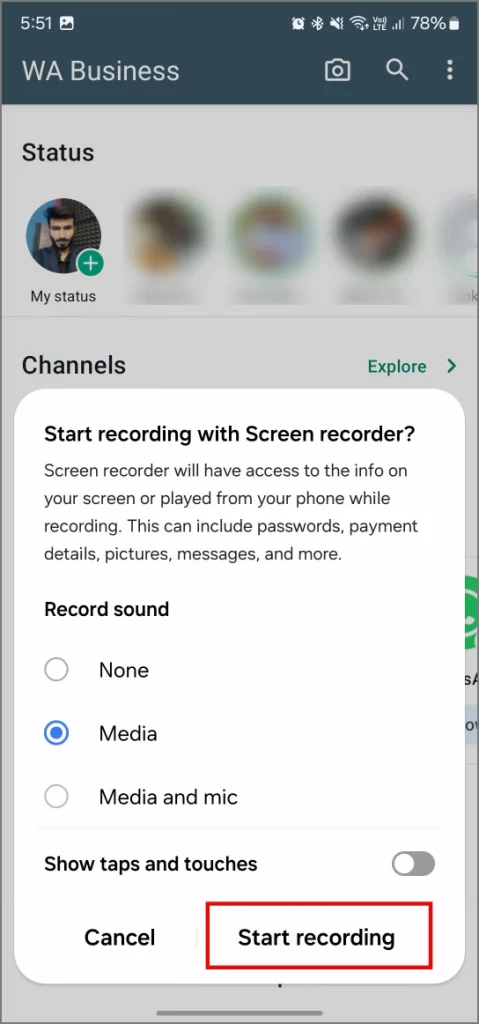 Запись экрана WhatsApp Status Video на телефоне Android