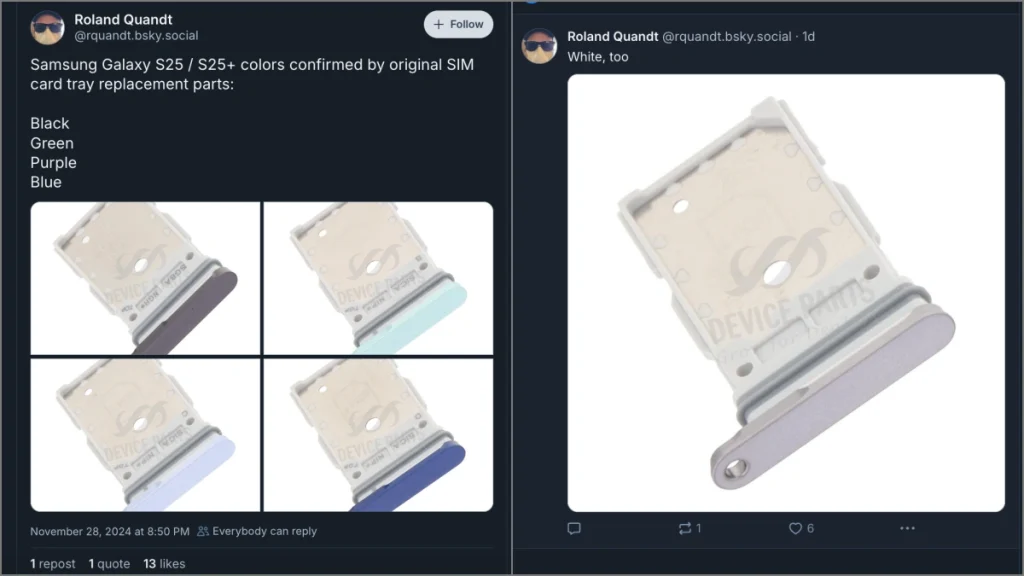 Цвета лотков для SIM-карт Galaxy S25 и S25 Plus опубликованы Роландом Квандтом на Bluesky