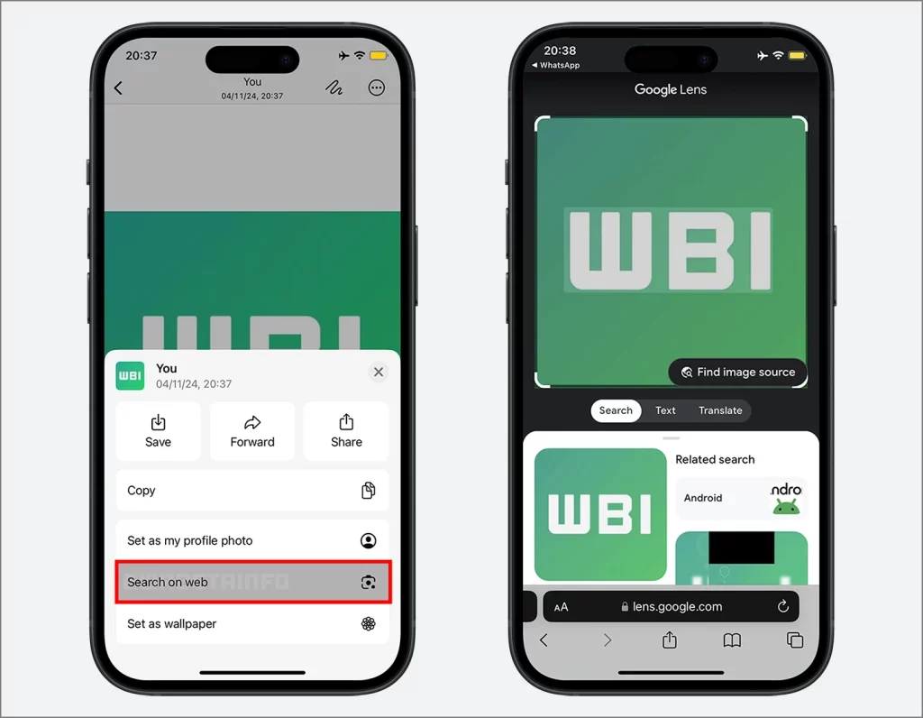 Функция «Поиск изображений в Интернете» в WhatsApp для iPhone