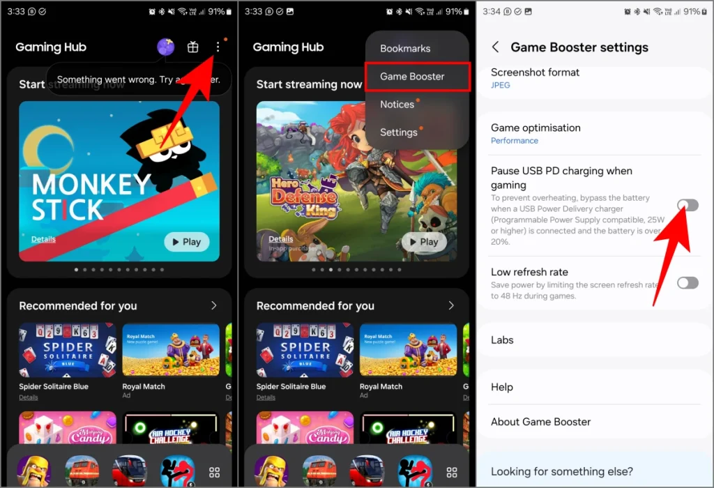 Приостановите зарядку USB PD во время игры в настройках Game Booster на телефоне Samsung, чтобы обойти зарядку.