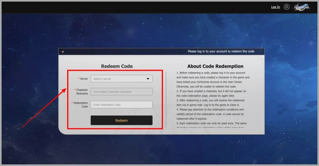 Как активировать коды Honkai Star Rail на веб-сайте