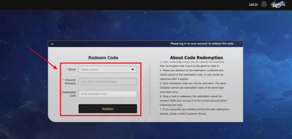 Погашение кодов Honkai Star Rail на веб-сайте