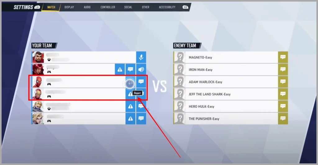 Как сообщить о мошенниках во время матча в Marvel Rivals