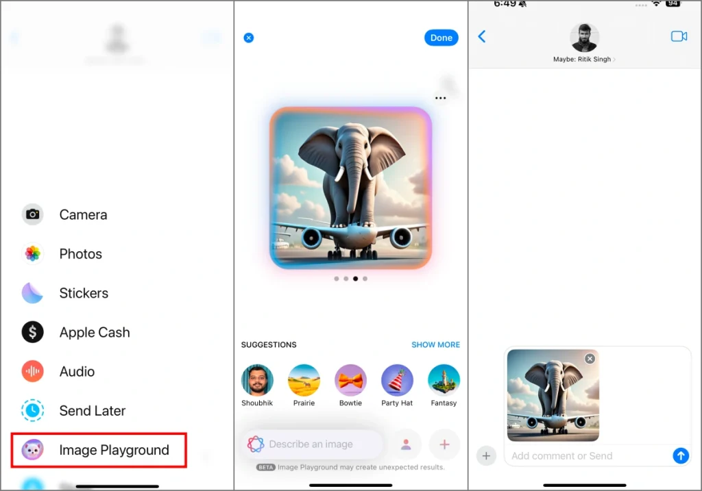 Использование Image Playground в приложении «Сообщения» на iOS 18