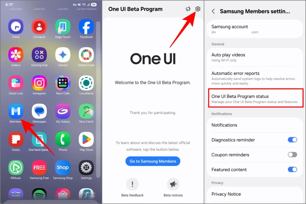 Удаление себя из бета-программы One UI 7 в приложении Samsung Members