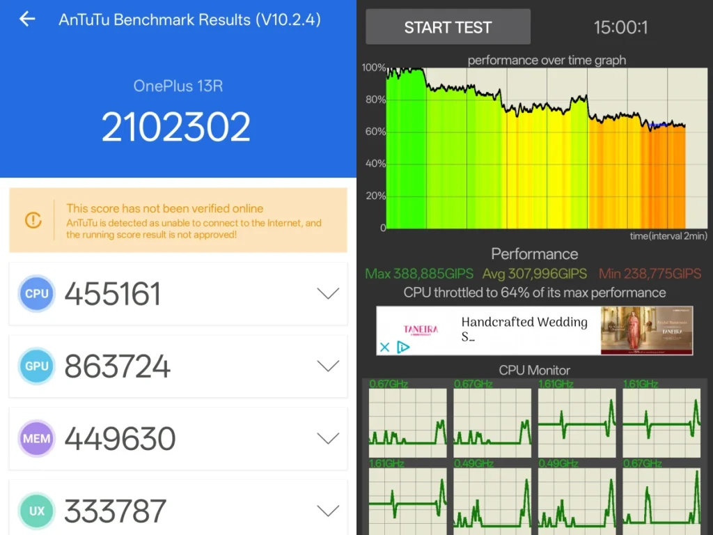 Тест OnePlus 13R AnTuTu и тест регулирования процессора